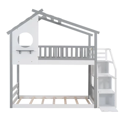 House Shape Twin-Over-Twin Double Bunk Bed With Storage Stairs - ModernLuxe 5 House Shape Twin-Over-Twin Double Bunk Bed With Storage Stairs - ModernLuxe - Image 3