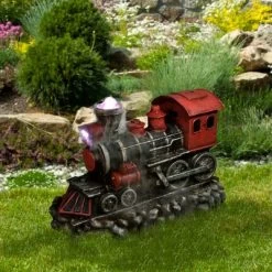 Northlight 38" Prelit LED Vintage Locomotive Train Outdoor Patio Garden Water Fountain - Red/Black