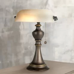 Regency Hill Haddington Traditional Piano Banker Table Lamp 16" High Antique Bronze Metal Alabaster Glass Shade For Bedroom Living Room Bedside Office