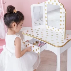 Fashion Polka Dot Gisele Play Vanity Set With Led Mirror White/Gold - Teamson Kids -Northlight Store GUEST 1d8d35a1 1982 42c4 a223 b6ce266208ff