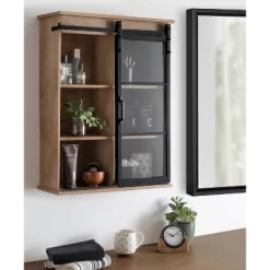 22" X 28" Barnhardt Decorative Wooden Wall Cabinet With Sliding Glass Door Rustic Brown - Kate & Laurel All Things Decor -Northlight Store GUEST 219513b0 c922 46e5 b894 ffa14673e46b