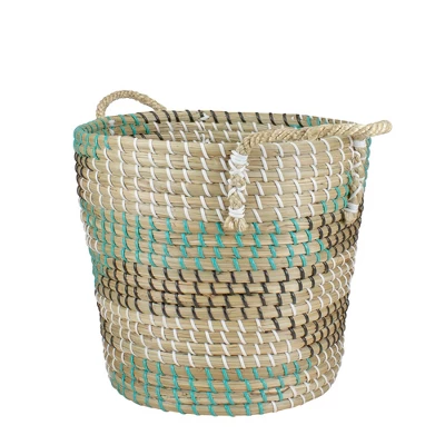Northlight 14" Natural Woven Seagrass Basket With Teal, Black And White Accents 6 Northlight 14" Natural Woven Seagrass Basket With Teal, Black And White Accents - Image 4