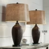 Franklin Iron Works Kaly Rustic Industrial Table Lamps 25" High Set Of 2 Hammered Oiled Bronze With USB Charging Port Faux Leather Drum Shade For Desk -Northlight Store GUEST 262af00f 96b8 47eb aa88 3189780de178