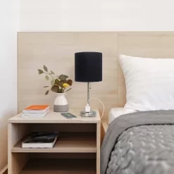 19.5" Bedside Power Outlet Base Metal Table Desk Lamp Brushed Steel With Fabric Shade Black - Creekwood Home -Northlight Store GUEST 2c315ef3 229f 40ae ba56 1a36504925f3