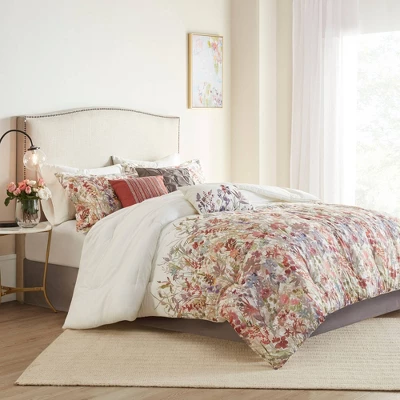 Julia 7pc Cotton Printed Comforter Set Off White/Red/Lavender 3 Julia 7pc Cotton Printed Comforter Set Off White/Red/Lavender