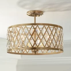 Possini Euro Design Tanz Modern Ceiling Light Semi Flush Mount Fixture 16 1/2" Wide Satin Brass 3-Light Clear Glass Crystal For Bedroom Kitchen House