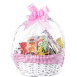 Wickerwise White Round Willow Gift Basket, With Gingham Liner And Handles
