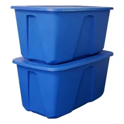 Homz 32 Gallon Large Standard Stackable Plastic Storage Container Bin With Secure Snap Lid For Home Organization, Blue (4 Pack)