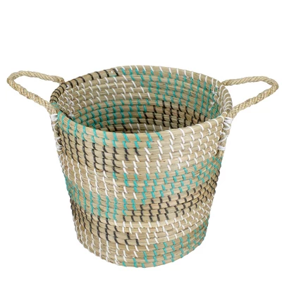 Northlight 14" Natural Woven Seagrass Basket With Teal, Black And White Accents 5 Northlight 14" Natural Woven Seagrass Basket With Teal, Black And White Accents - Image 3