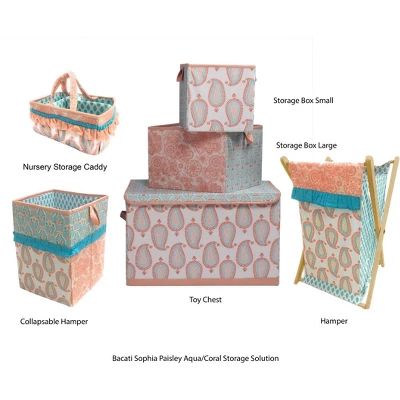 Bacati - Sophia Paisley Aqua/Coral Fabric Storage Toy Chest 4 Bacati - Sophia Paisley Aqua/Coral Fabric Storage Toy Chest - Image 2