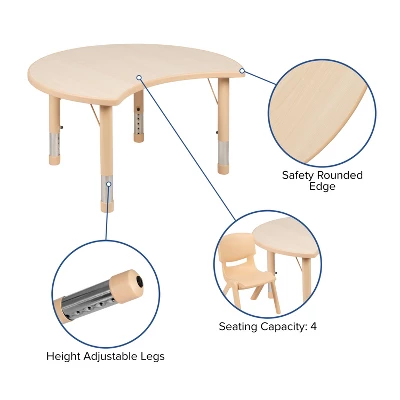 Flash Furniture 25.125"W X 35.5"L Crescent Natural Plastic Height Adjustable Activity Table 4 Flash Furniture 25.125"W X 35.5"L Crescent Natural Plastic Height Adjustable Activity Table - Image 2