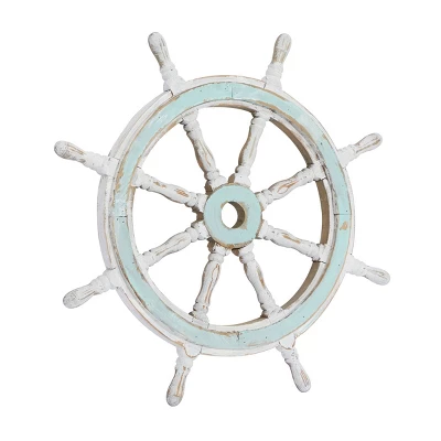 Wood Sail Boat Ship Wheel Wall Decor With Distressing Blue - Olivia & May 6 Wood Sail Boat Ship Wheel Wall Decor With Distressing Blue - Olivia & May - Image 4