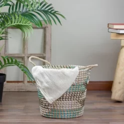 Northlight 14" Natural Woven Seagrass Basket With Teal, Black And White Accents