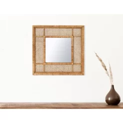 23.5" Square Modern Wood Rattan Wall Mirror Brown - Storied Home