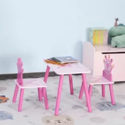 Qaba 3-Piece Kids Wooden Table And Chair Set With Crown Pattern Gift For Girls Toddlers Arts Reading Writing Age 2-4 Years Pink
