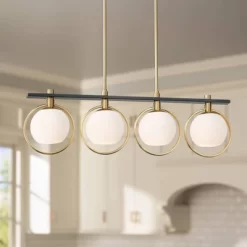 Northlight Store 38 Possini Euro Design Carlyn Brass Black Linear Island Pendant Chandelier 33" Wide Modern White Glass Shade 4-Light LED Fixture For Dining Room Kitchen