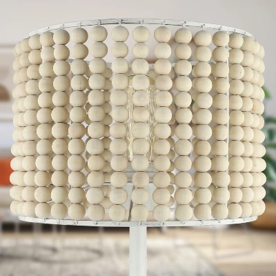 25" Eliza Metal And Tan Wood Beaded Drum Shade Table Lamp White - River Of Goods 5 25" Eliza Metal And Tan Wood Beaded Drum Shade Table Lamp White - River Of Goods - Image 3
