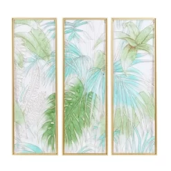 Set Of 3 Glass Leaf Tropical Wall Decors With Gold Frame Green - CosmoLiving By Cosmopolitan