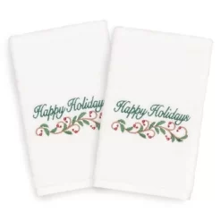 2pk Happy Holidays Hand Towel Set White - Linum Home Textiles