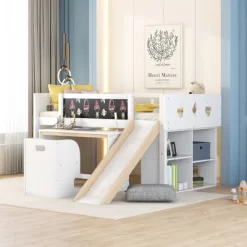 Wood Loft Bed With Slide, Cabinets, Blackboard, Desk And Chair-ModernLuxe