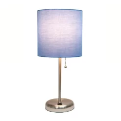 19.5" Bedside USB Port Feature Metal Table Desk Lamp Brushed Steel With Blue Fabric Shade - Creekwood Home