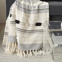 50"x60" Ribbed With Pom-Pom Throw Blanket Black/Ivory - Mina Victory