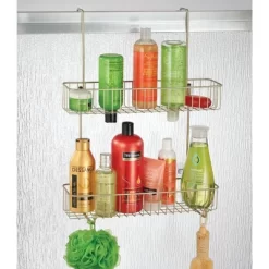 MDesign Wide Metal Over Door Hanging Shower Caddy, 2 Hooks And Baskets
