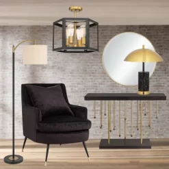360 Lighting Rayna Mid Century Modern Downbridge Floor Lamp 61 1/2" Tall Black Gold Metal Off White Linen Drum Shade For Living Room Reading Bedroom -Northlight Store GUEST b2cb1bba 72d8 4838 bb74 d79e6f3f5c32