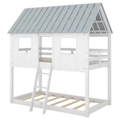 Twin Over Twin Low Bunk Beds With House Shaped Roof And Guardrail, White-ModernLuxe -Northlight Store GUEST bd7f0bb8 5c84 4939 9f57 343b13d1d4f6