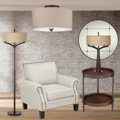 Regency Hill Sylvan Modern Ceiling Light Semi Flush Mount Fixture 14" Wide Bronze 3-Light Oatmeal Fabric Drum Shade For Bedroom Kitchen Living Room -Northlight Store GUEST bf13db88 b0e3 440c 8c47 5d9950a0d8e3