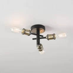 3-Light Shipka Flush Mount Ceiling Light With Antique Brass Accent Matte Black - Globe Electric