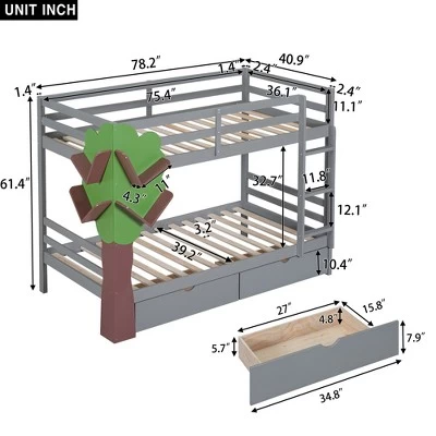 Twin-Over-Twin Bunk Bed With A Tree Decor And Two Storage Drawers-ModernLuxe 4 Twin-Over-Twin Bunk Bed With A Tree Decor And Two Storage Drawers-ModernLuxe - Image 2