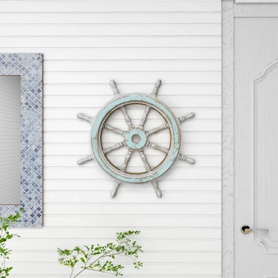 Wood Sail Boat Ship Wheel Wall Decor With Distressing Blue - Olivia & May 17 Wood Sail Boat Ship Wheel Wall Decor With Distressing Blue - Olivia & May - Image 15