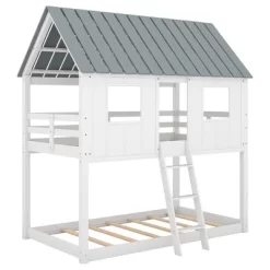 Twin Over Twin Low Bunk Beds With House Shaped Roof And Guardrail, White-ModernLuxe -Northlight Store GUEST da75c7d1 0489 4840 9a27 b2dcb4a10db2