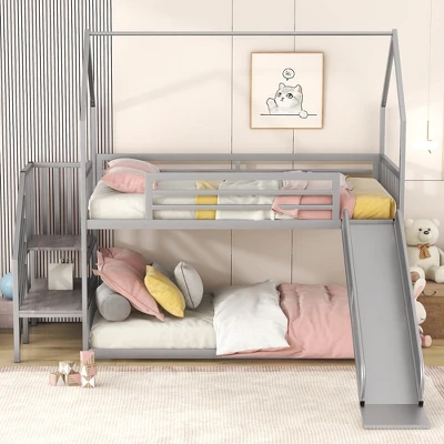 Twin Over Twin Metal Bunk Bed House Bed With Slide And Staircase-ModernLuxe 3 Twin Over Twin Metal Bunk Bed House Bed With Slide And Staircase-ModernLuxe