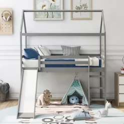 House Shape Twin Size Loft Bed With Slide, Gray - ModernLuxe