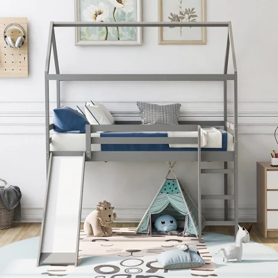 House Shape Twin Size Loft Bed With Slide, Gray - ModernLuxe 3 House Shape Twin Size Loft Bed With Slide, Gray - ModernLuxe