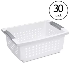 Sterilite Medium Sized Stackable Storage Bin And Organization Basket With Flip Down Accent Rails For Home And Household Organization, White (30 Pack)