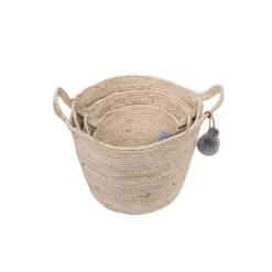 Set Of 3 Natural Corn Husk Decorative Storage Baskets With Hand Tied Pom Poms - Foreside Home & Garden
