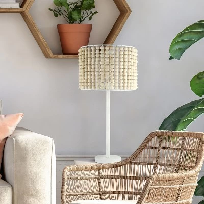 25" Eliza Metal And Tan Wood Beaded Drum Shade Table Lamp White - River Of Goods 3 25" Eliza Metal And Tan Wood Beaded Drum Shade Table Lamp White - River Of Goods